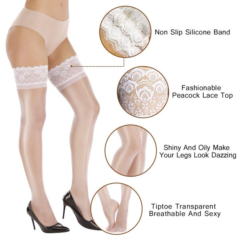 ARRUSA Shimmery Opaque Stockings, Stretchy Tights Elastic Stockings Ultra Sexy Thigh Highs with Lace Top - Image 3